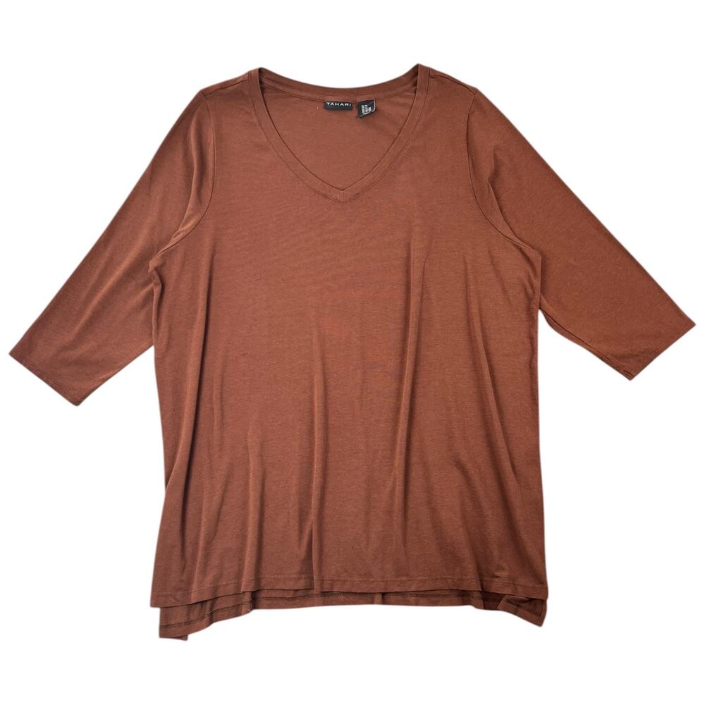 Tahari Pima Cotton Modal V-Neck Tunic Top Brown 3/4 Sleeve Plus Size Tee - 2X